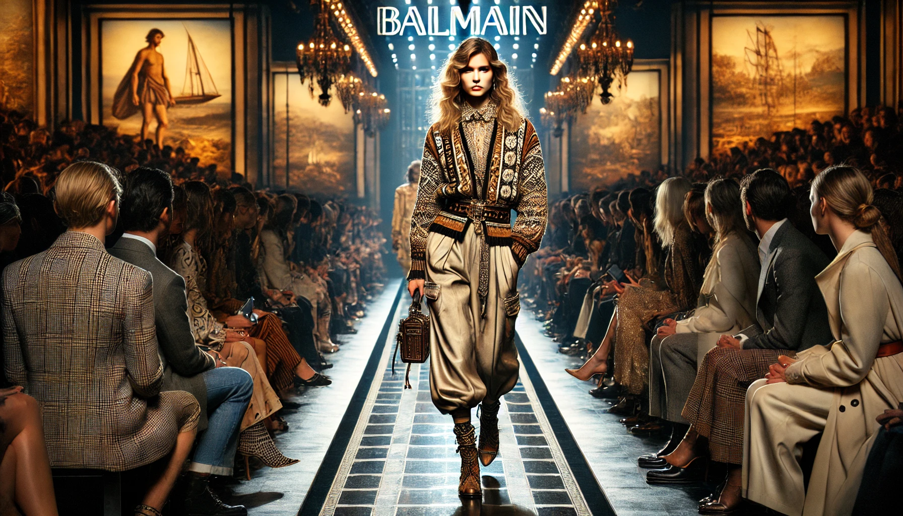 Modelka w nostalgicznej stylizacji na pokazie Balmain Jesień-Zima 2024/2025