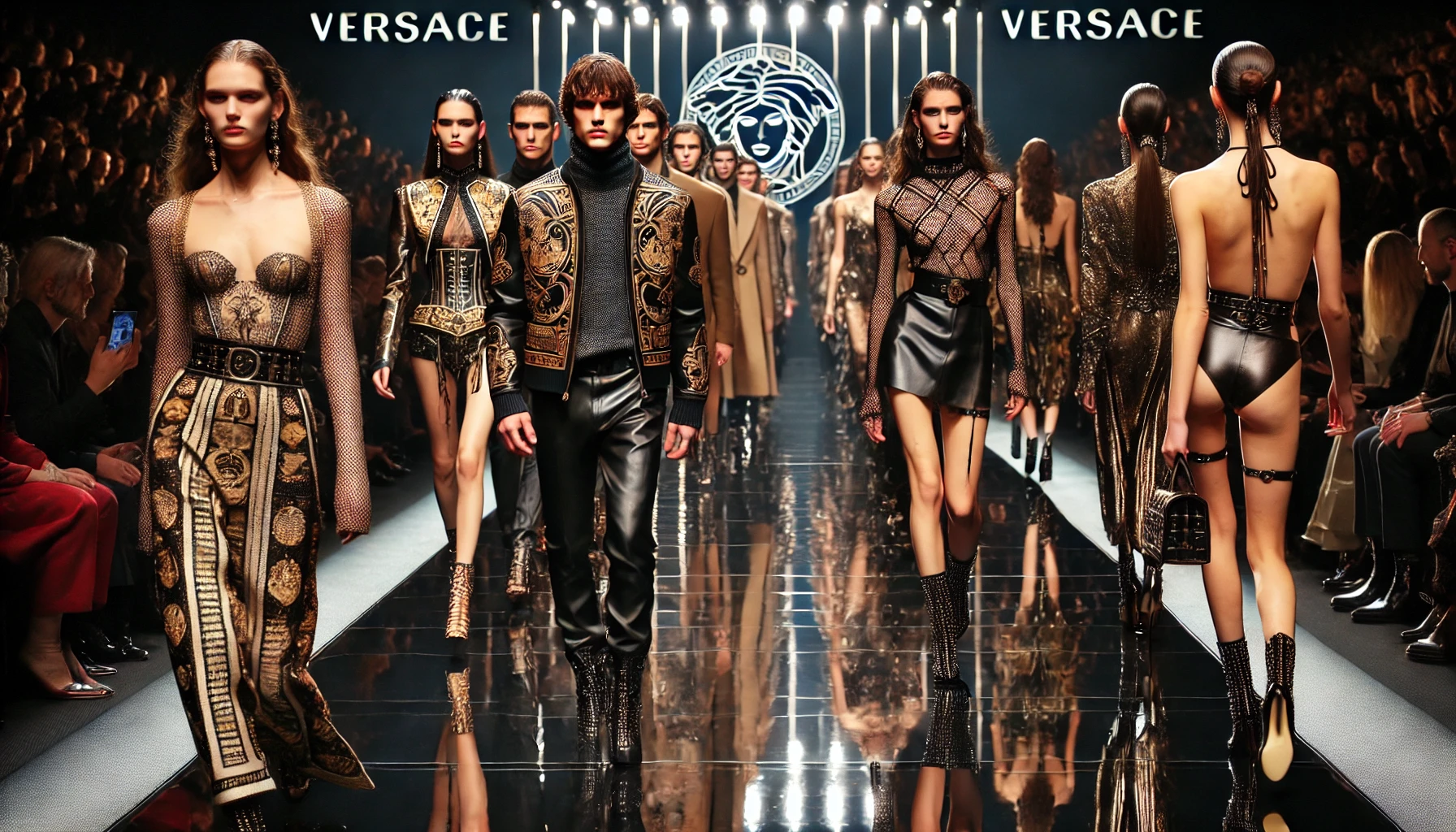 Modelki w punkowych stylizacjach na pokazie Versace Jesień-Zima 2024/2025