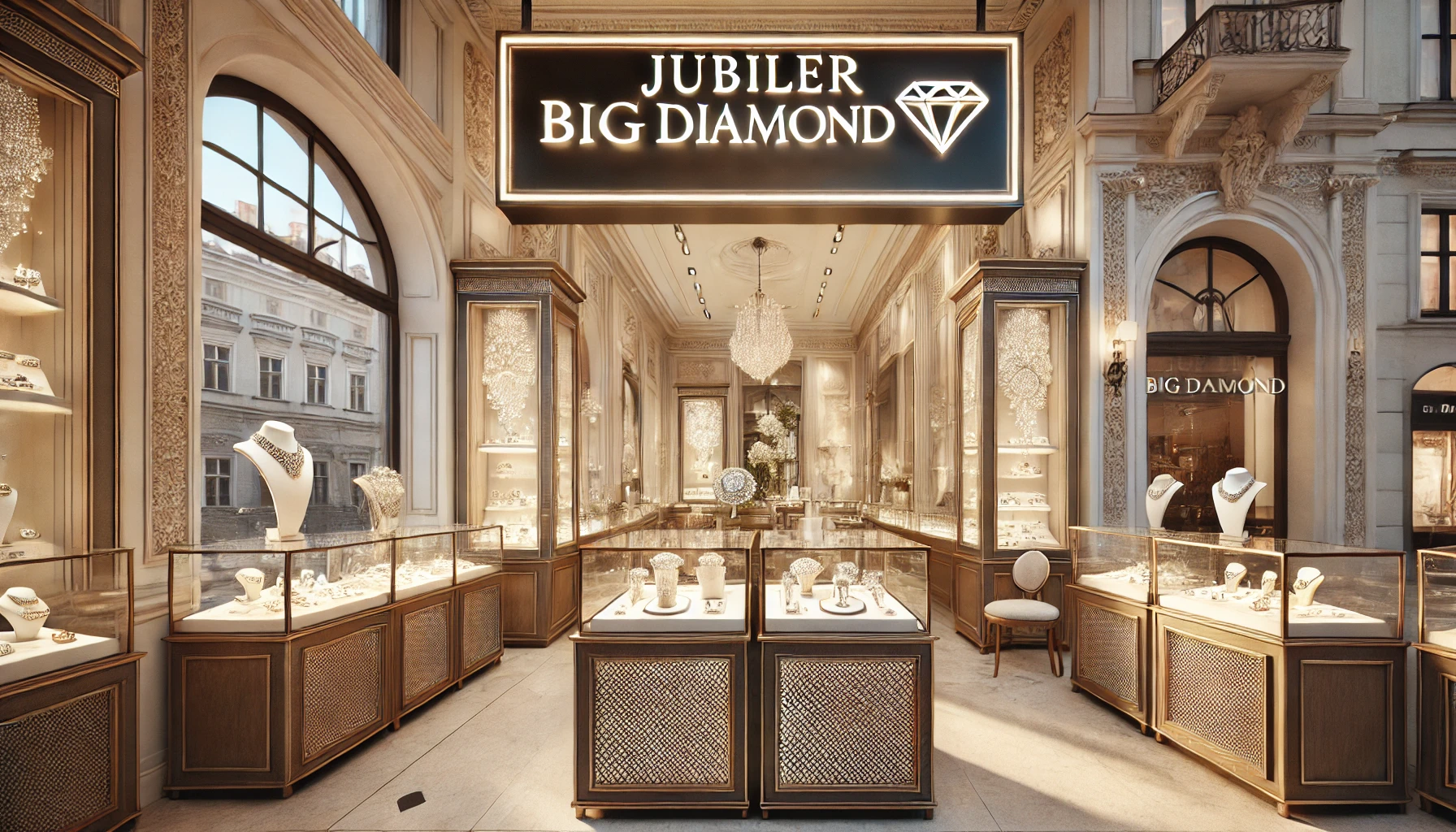 Luksusowy sklep jubilerski BigDIAMOND w Krakowie z eleganckimi gablotami pełnymi biżuterii.