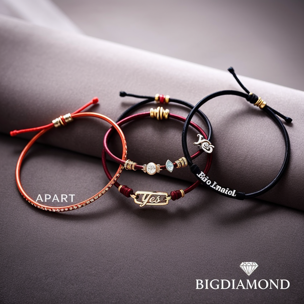 Bransoletki na sznurku od Apart Yes BigDIAMOND w różnych kolorach i stylach ułożone na minimalistycznym tle.