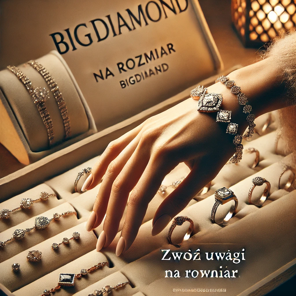DALL·E 2024 10 16 18.07.16 An elegant jewelry store promotional image for BigDIAMOND focusing on bracelet sizing. The image shows a close up of a bracelet display with both adju