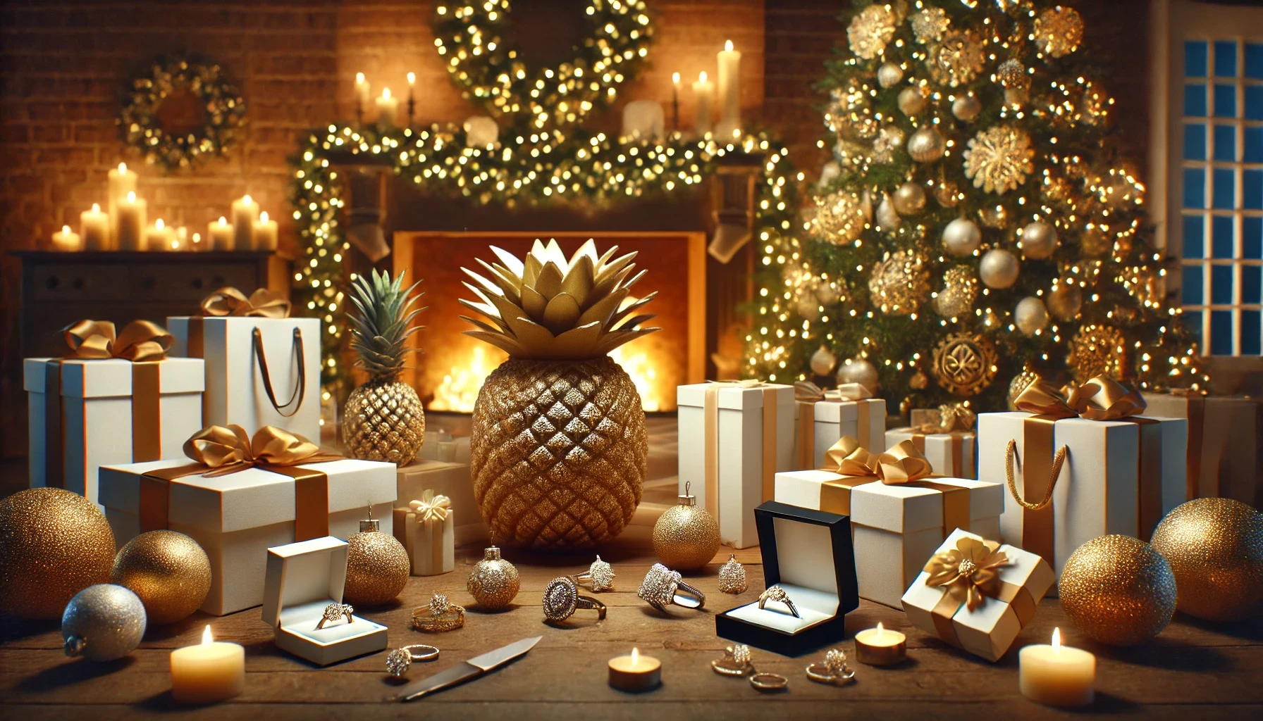 Złoty ananas jako logo w świątecznej scenerii z luksusowymi prezentami – idealne podarunki od BigDIAMOND Jubiler Kraków.