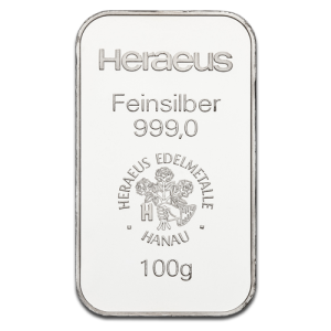 Sztabka srebra 100 g od Heraeus, czysty srebro 999,0