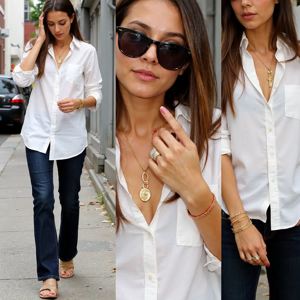 Modelka w białej koszuli i jeansach, stylizowana minimalistyczną biżuterią – warstwowe naszyjniki, cienkie pierścionki i elegancka bransoletka.