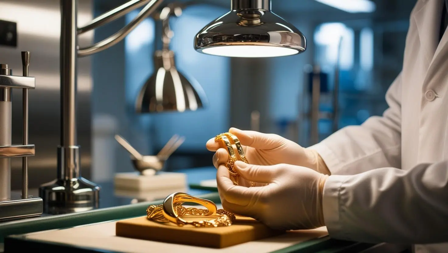 Specjalista oceniający złotą biżuterię na tle profesjonalnego laboratorium.