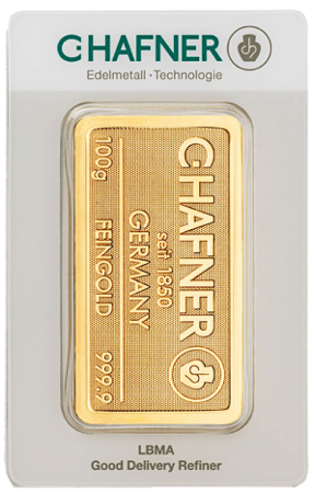 Sztabka złota 100 g od Chafner, czyste złoto 999,9.
