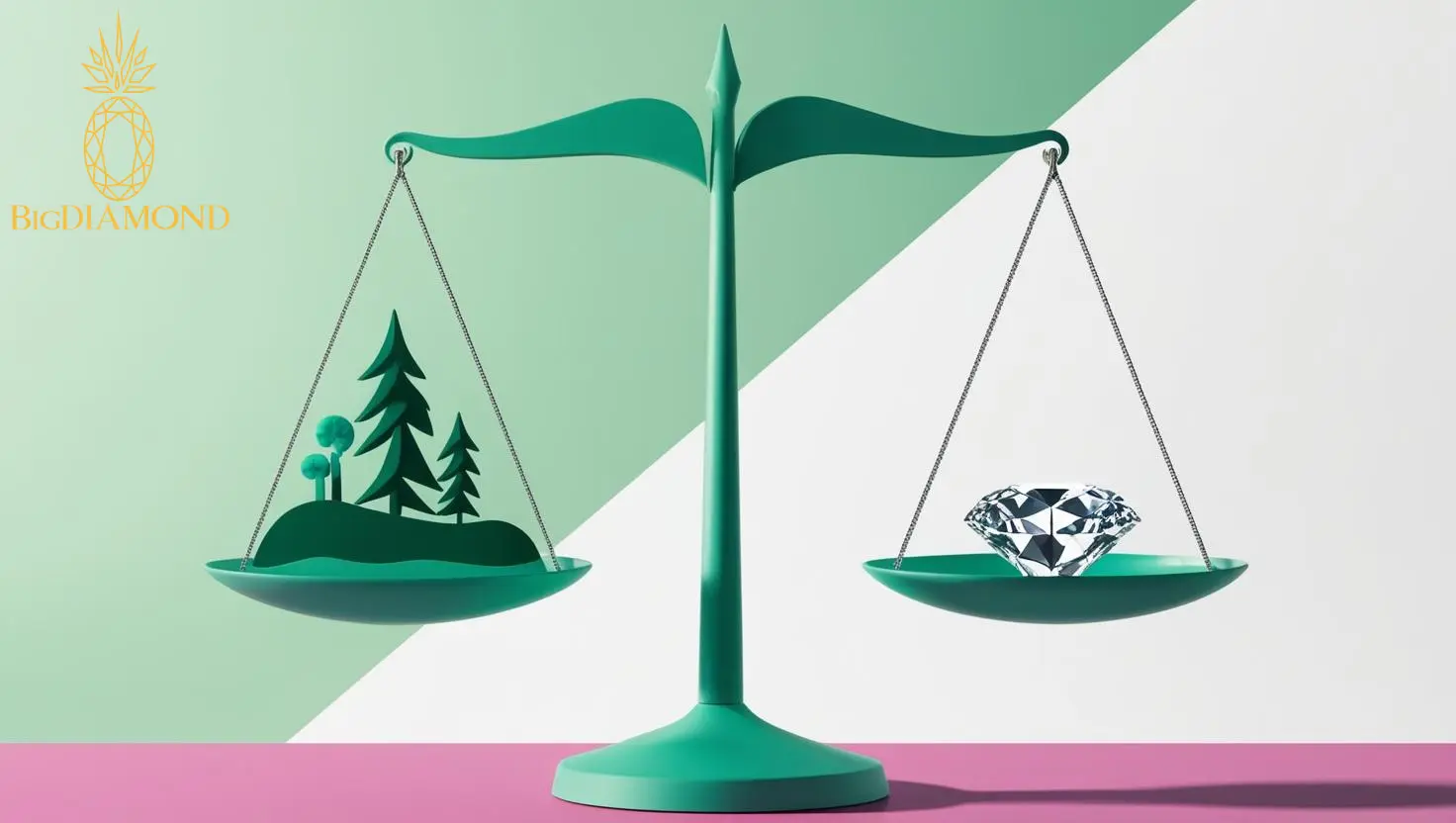 Grafika przedstawiająca wagę z diamentem laboratoryjnym i środowiskiem naturalnym, symbolizującą etyczny wybór.