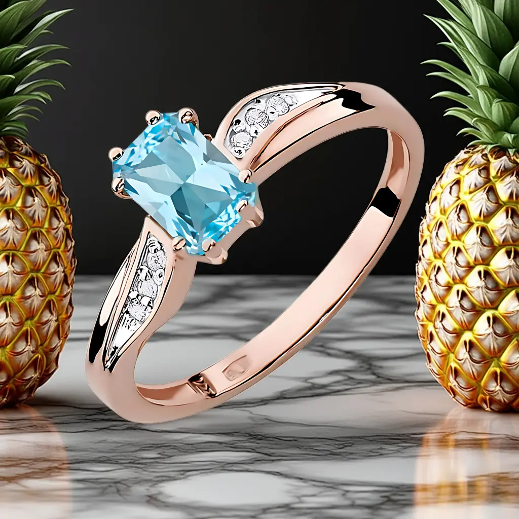 Pierścionek zaręczynowy z różowego złota 585 z błękitnym topazem 0.65ct i diamentami, ręcznie wykonany przez BigDIAMOND Kraków.