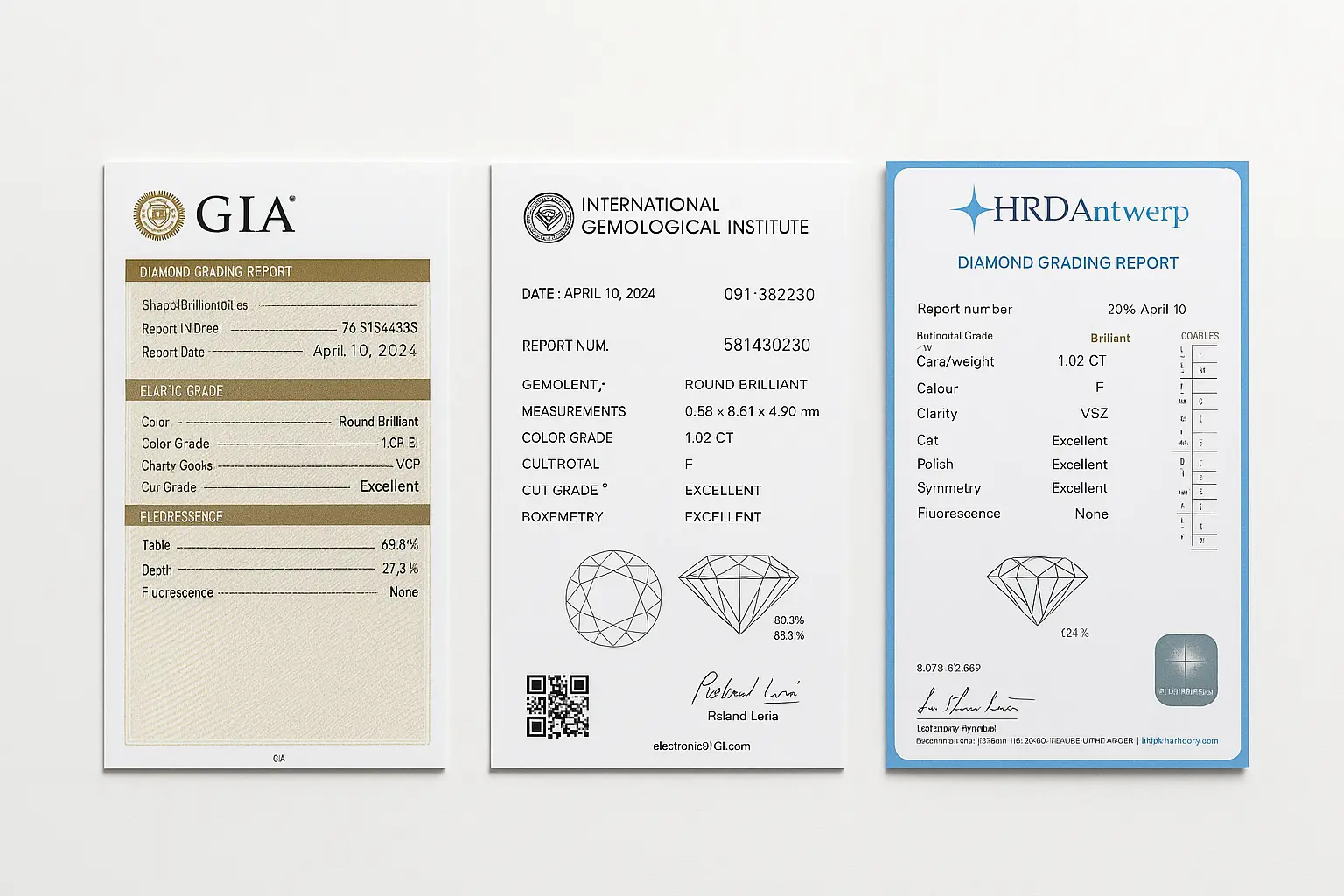 Porównanie trzech certyfikatów diamentów: GIA (lewy), IGI (środkowy) i HRD (prawy), ukazujące różnice w układzie i formacie raportów gemmologicznych.