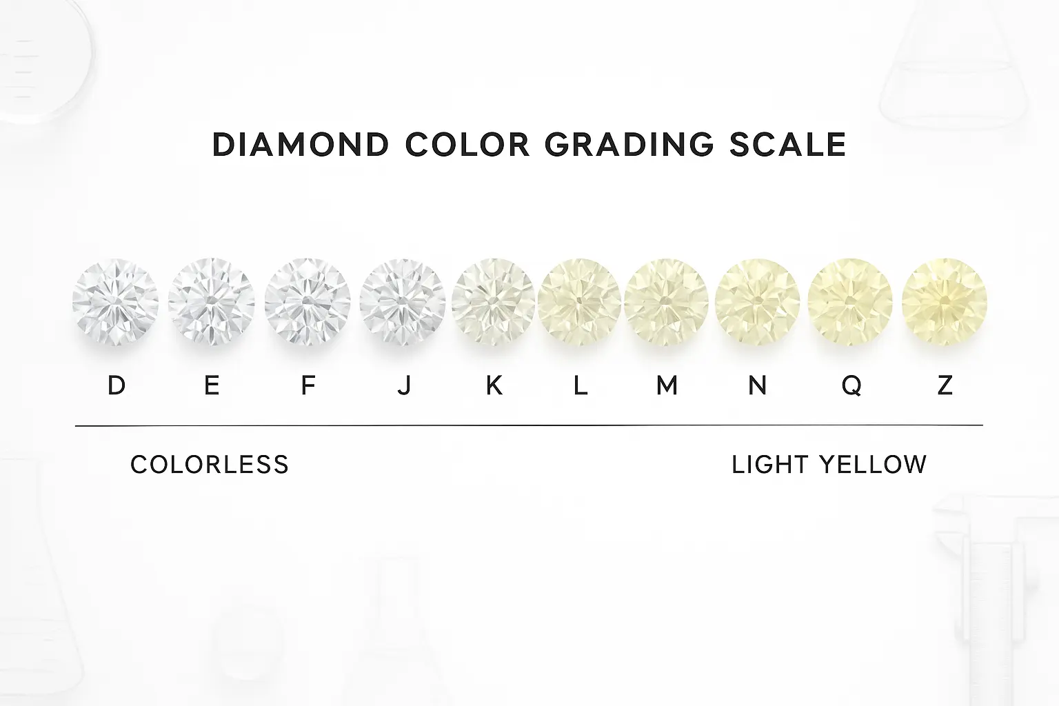 Diagram edukacyjny przedstawiający skalę barw diamentów GIA od D (bezbarwny) do Z (jasnożółty), z realistycznymi ilustracjami diamentów w gradiencie i oznaczeniami literowymi poszczególnych stopni.