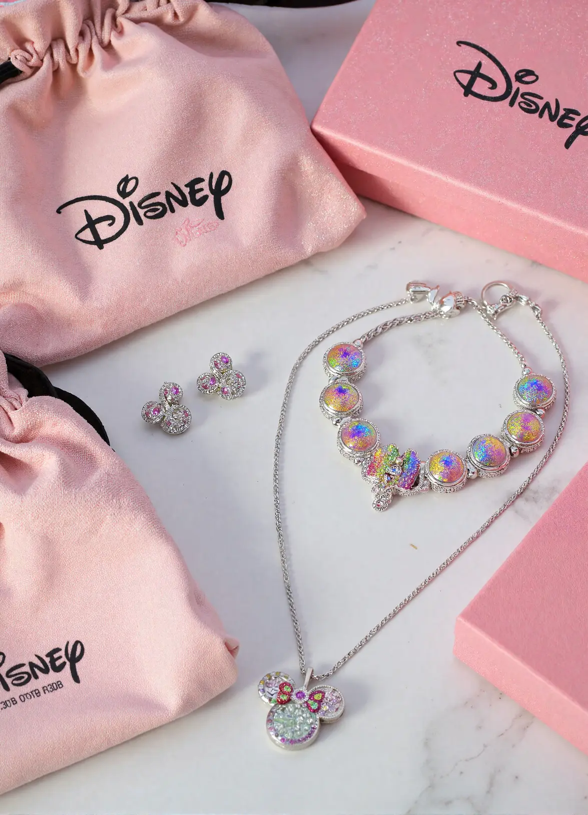 Komplet biżuterii Disney Minnie Mouse z tęczowymi kryształkami – srebro 925