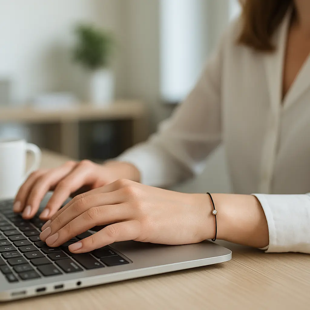 Kobieta pisząca na laptopie, nosząca minimalistyczną bransoletkę na sznurku z diamentem.