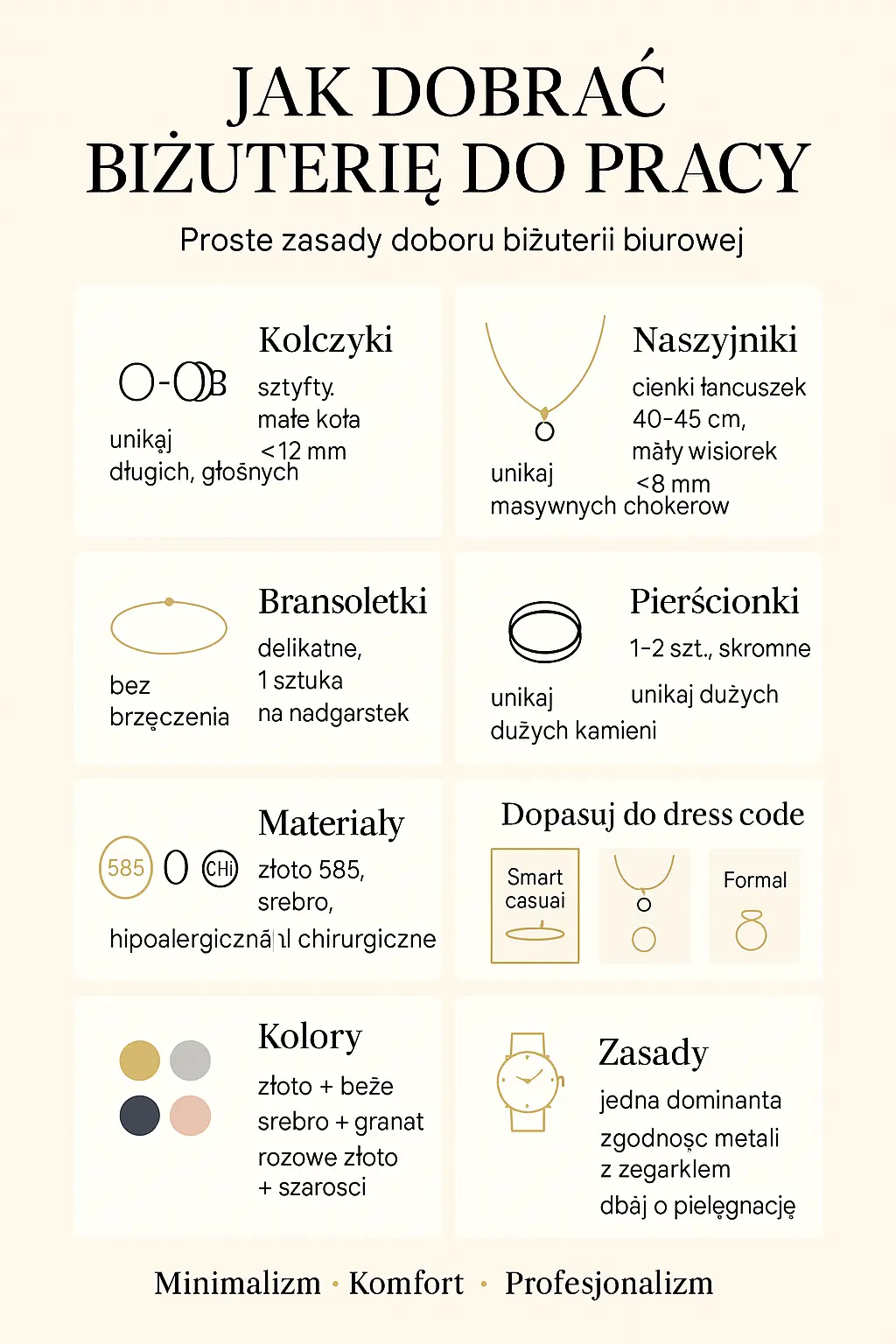 Infografika przedstawiająca rodzaje biżuterii do pracy – kolczyki sztyfty, cienkie złote bransoletki i minimalistyczne naszyjniki.