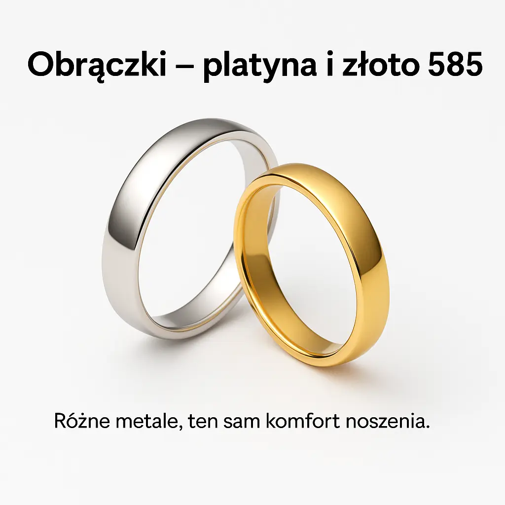 Zbliżenie na parę obrączek z platyny i złota 585 na białym tle, delikatne cienie.