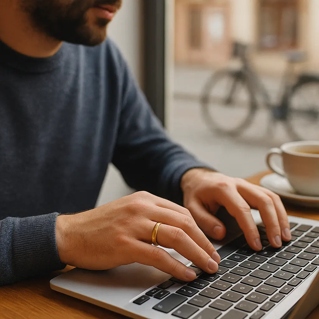 Obrączka comfort-fit podczas pracy przy laptopie w kawiarni na Kazimierzu.