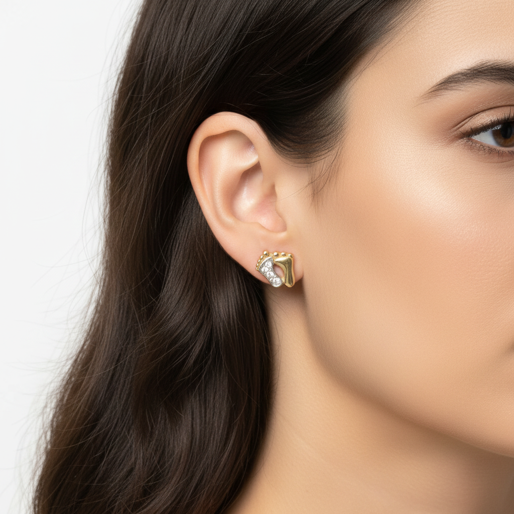 Model wearing gold earrings with zirconia.
