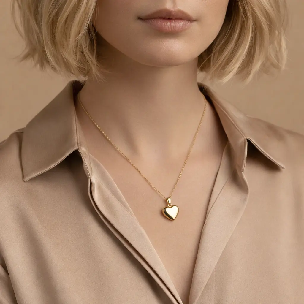 Złota zawieszka w kształcie serca na modelce.
